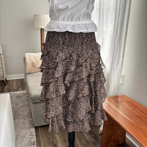Coco Bianco Leopard Print Asymmetrical Ruffle Layered Skirt Elastic Waist Size M - Picture 4 of 8